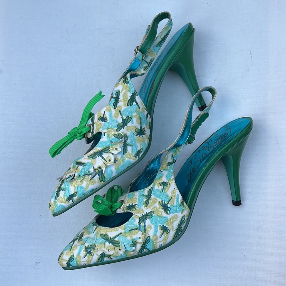 Rare Vintage - Iregular Chioce - Green Dragonfly Slingback Heels with Bow